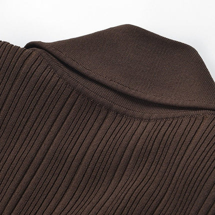Brown Ribbed Knit Maxi Dress with Gold Buttons