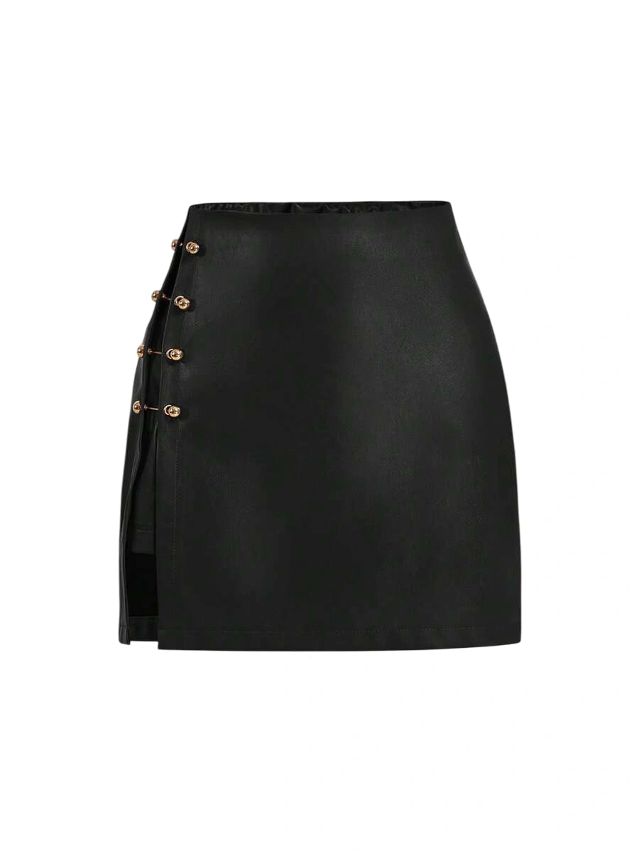 Brown Side Slit Metallic Trim Faux Leather ALine Skirt Going Out Skirt Vintage Skirt Fall Outfits