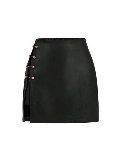 Brown Side Slit Metallic Trim Faux Leather ALine Skirt Going Out Skirt Vintage Skirt Fall Outfits