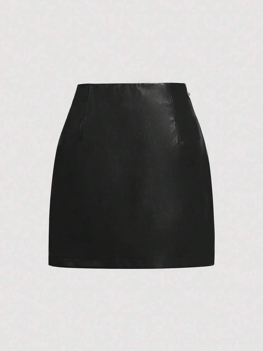 Brown Side Slit Metallic Trim Faux Leather ALine Skirt Going Out Skirt Vintage Skirt Fall Outfits