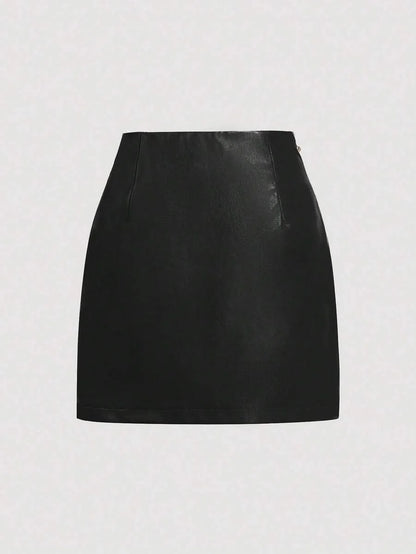 Brown Side Slit Metallic Trim Faux Leather ALine Skirt Going Out Skirt Vintage Skirt Fall Outfits