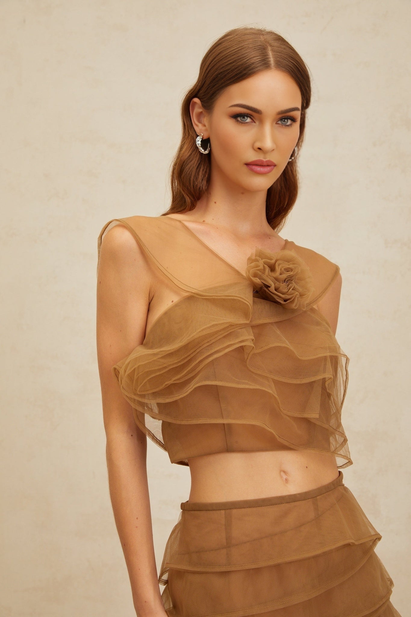 Brown Sleeveless Tulle Layered 3D-petal Cropped Top and High Rise Maxi Skirt Set