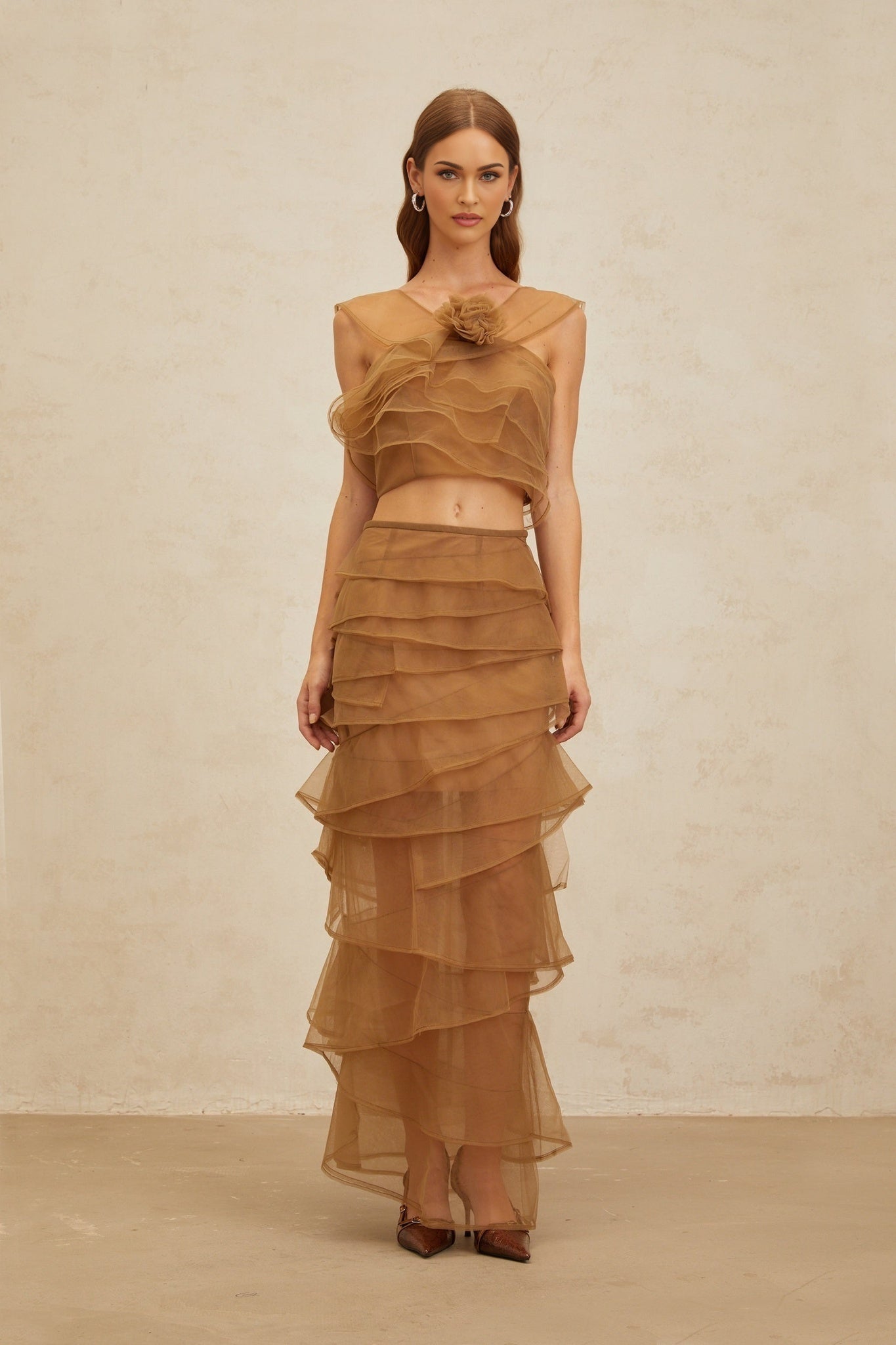 Brown Sleeveless Tulle Layered 3D-Petal Detail Cropped Top and Maxi Skirt Set