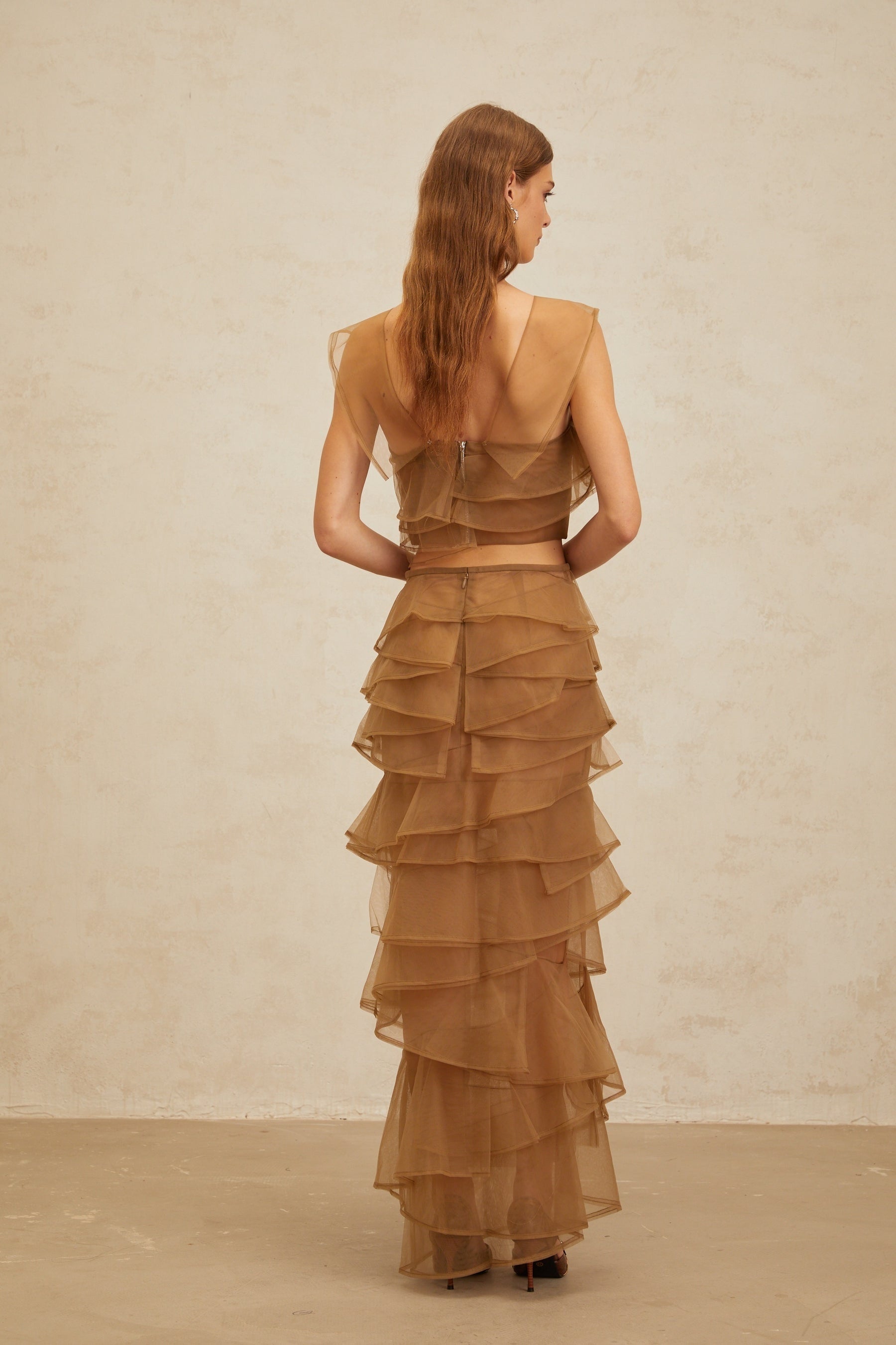 Brown Sleeveless Tulle Layered Crop Top with 3D-petal Detailing Rear Zip Fastening