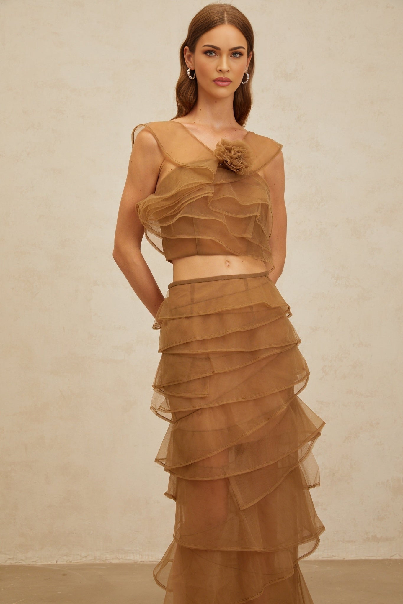 Brown Sleeveless Tulle Layered Crop Top with 3D-Petal Detailing Rear Zip Fastening