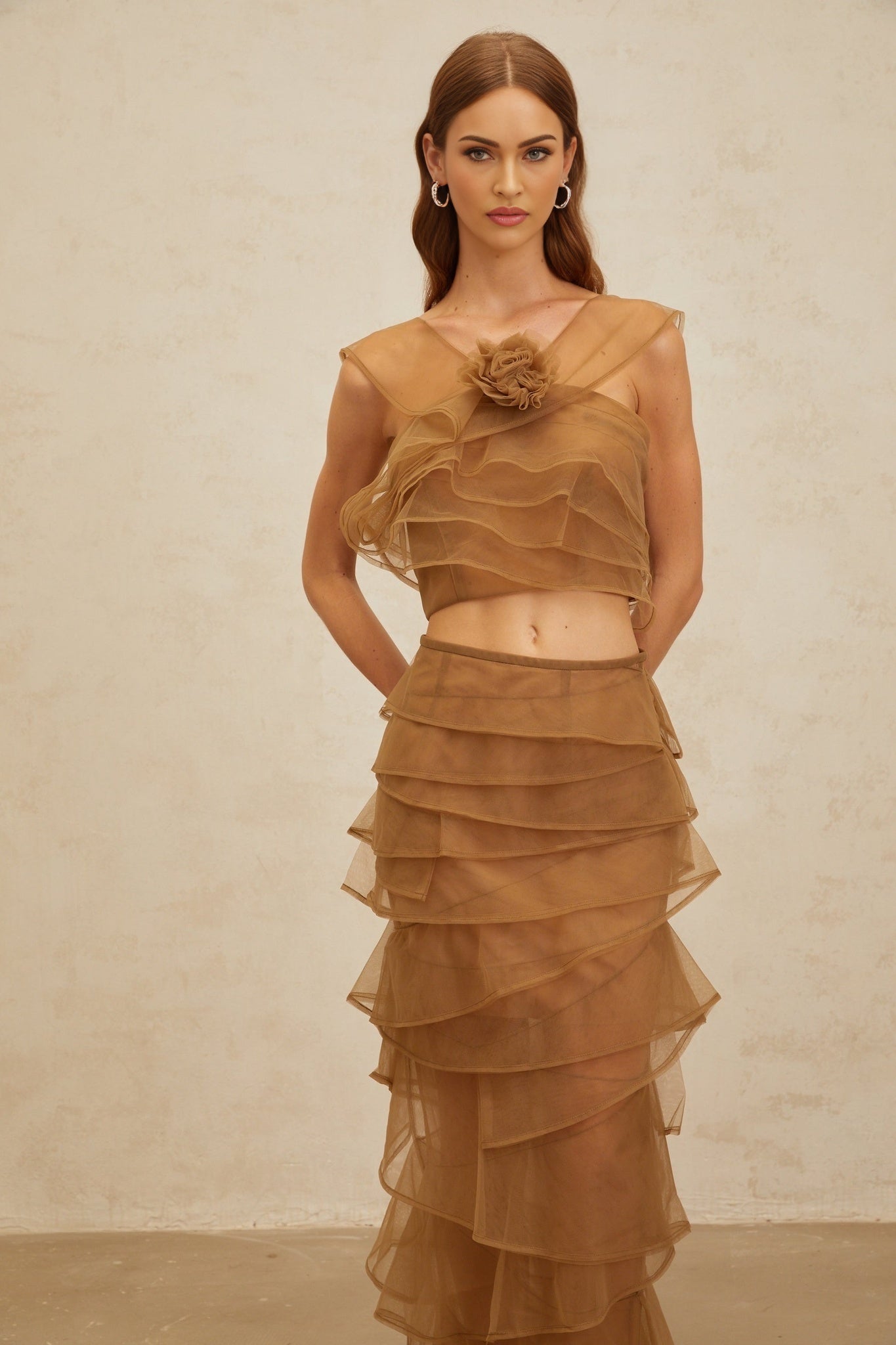 Brown sleeveless tulle layered crop top with 3D-petal detailing