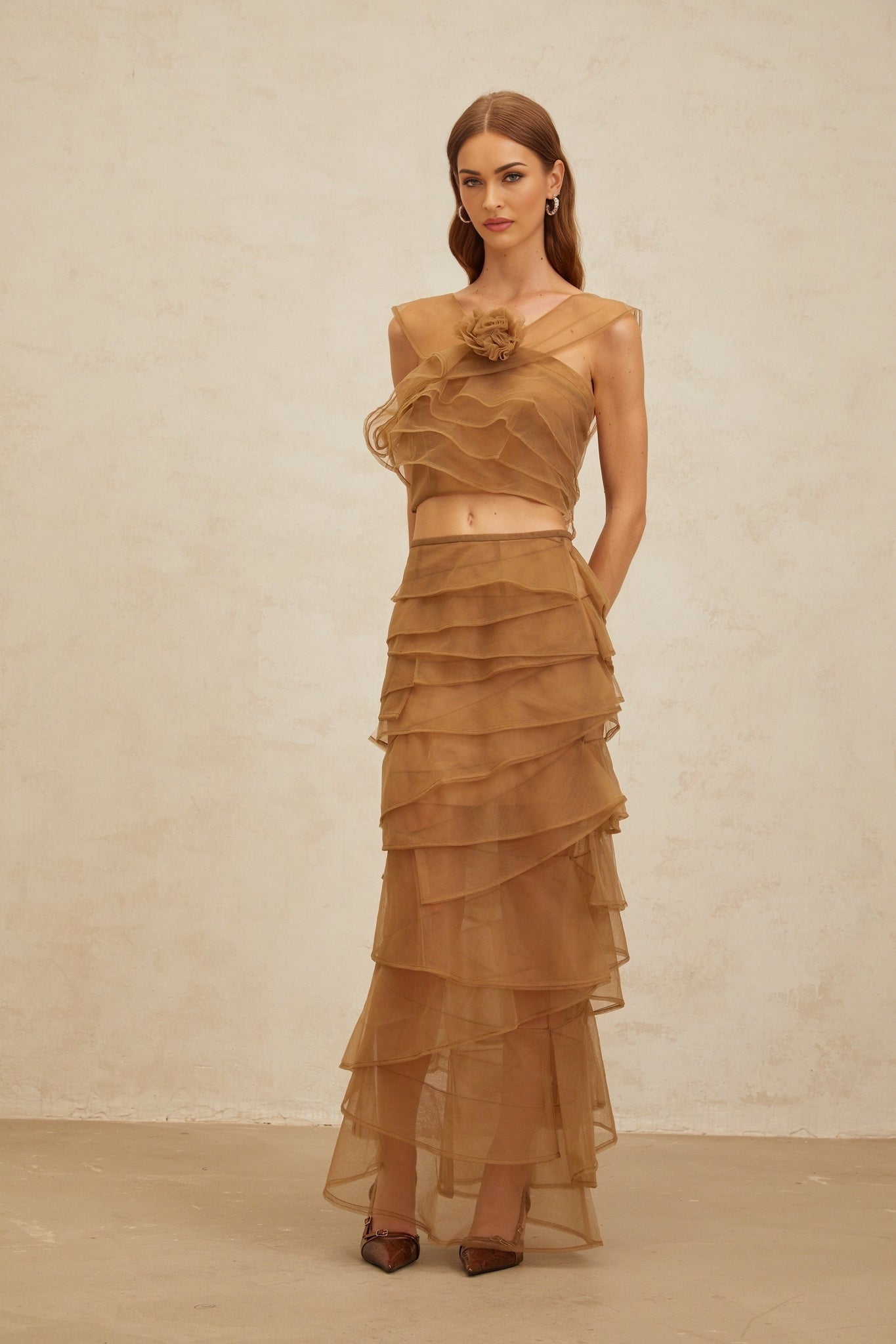 Brown Sleeveless Tulle Layered Top with 3D-petal Detailing and Cropped Design