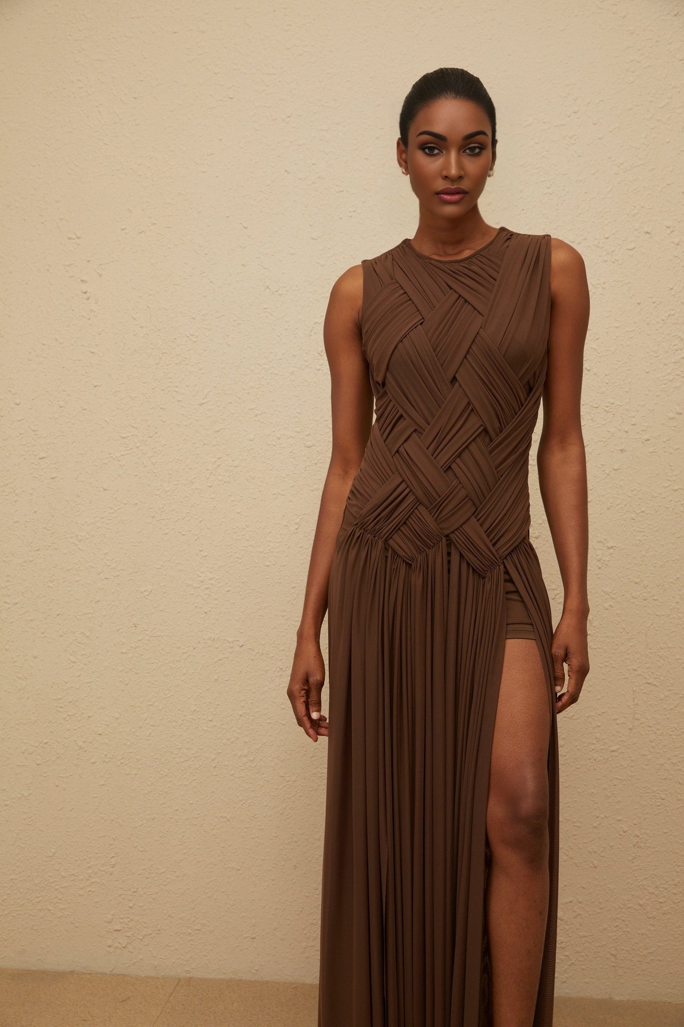 Brown sleeveless tulle maxi dress with braid detailing and front slit