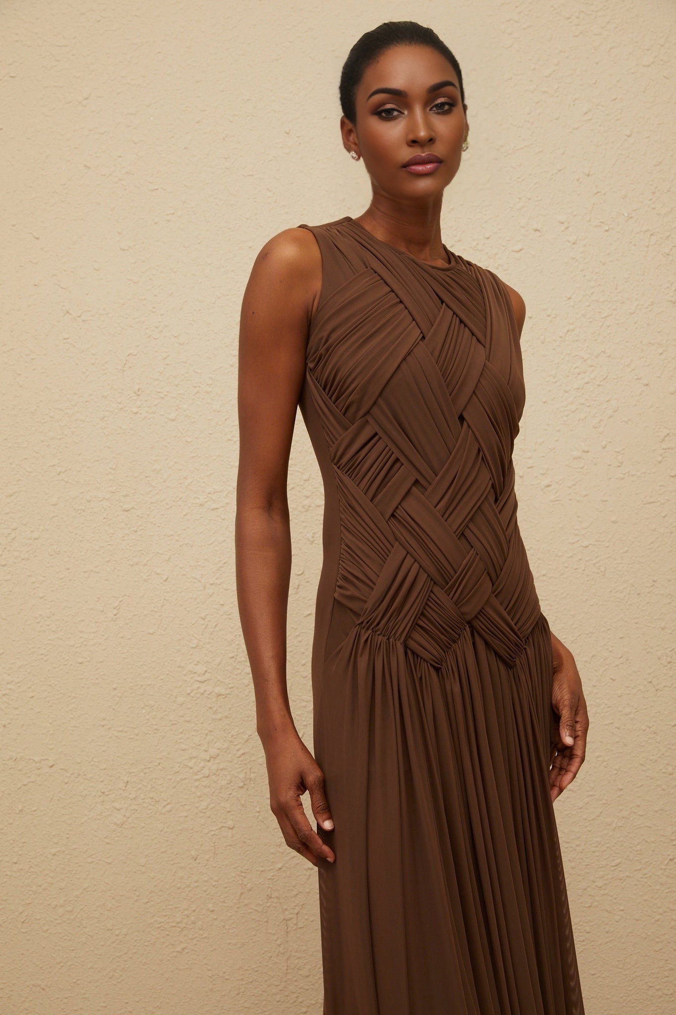 Brown Sleeveless Tulle Maxi Dress with Braid Detailing and Front Slit