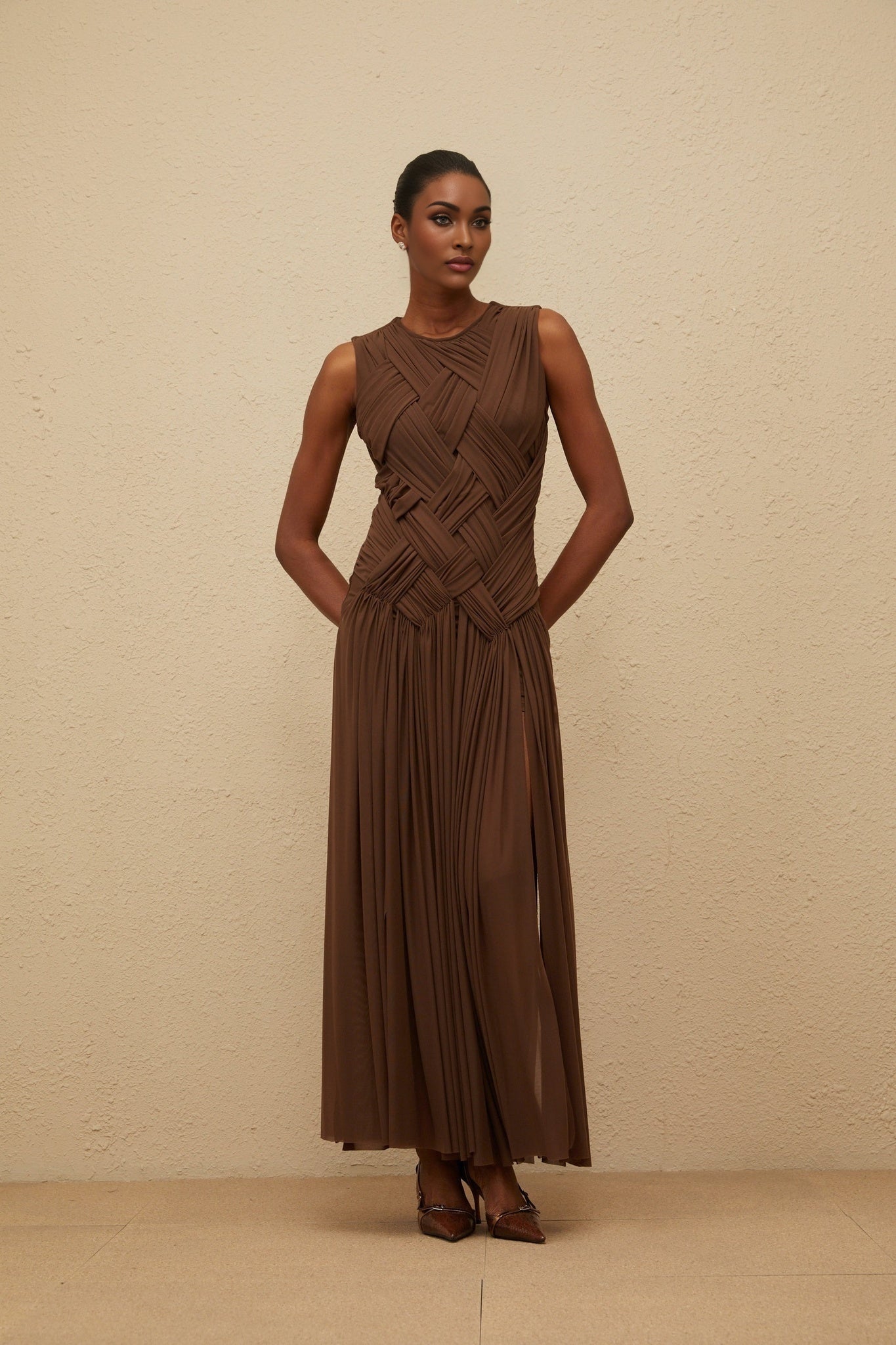 Brown Sleeveless Tulle Maxi Dress with Braid Detailing and Front Slit