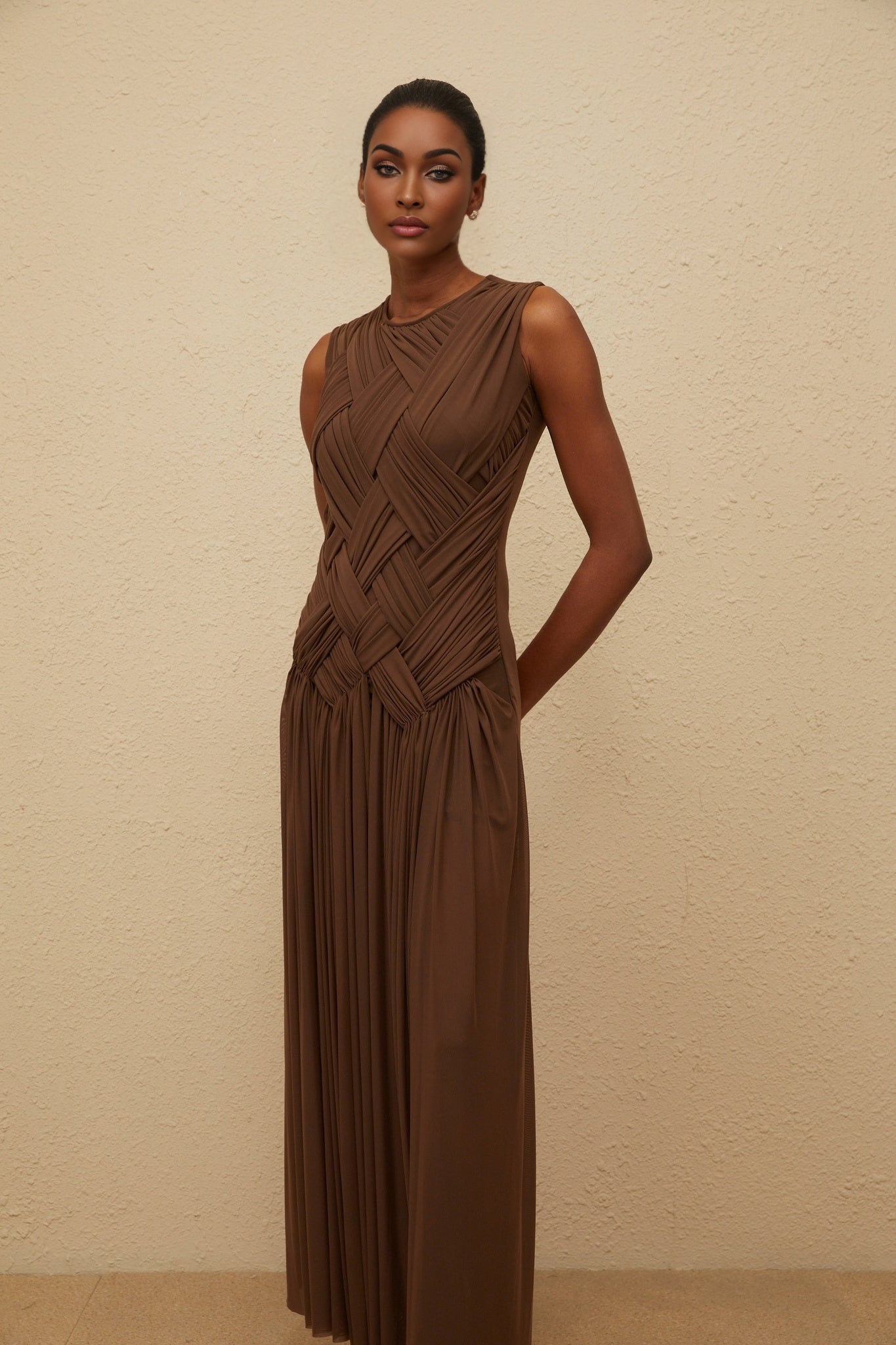 Brown Sleeveless Tulle Maxi Dress with Braid Detailing and Front Slit