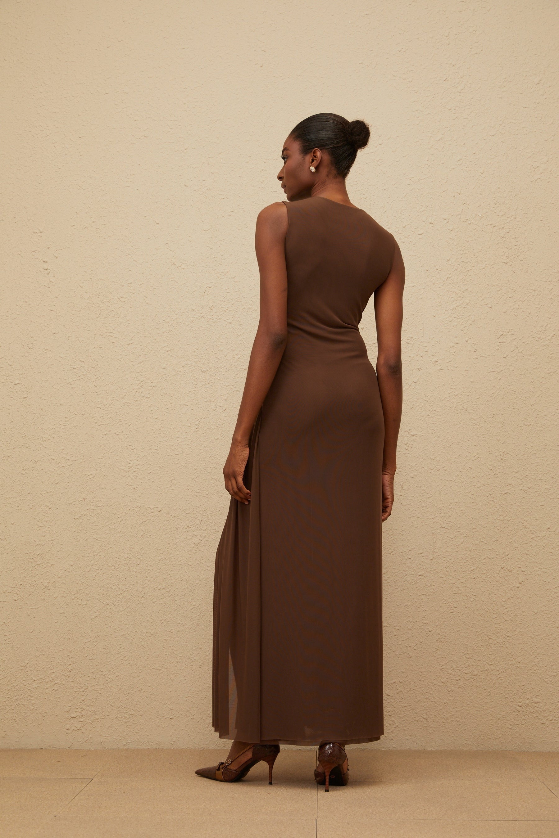 Brown Sleeveless Tulle Maxi Dress with Braid Detailing and Front Slit