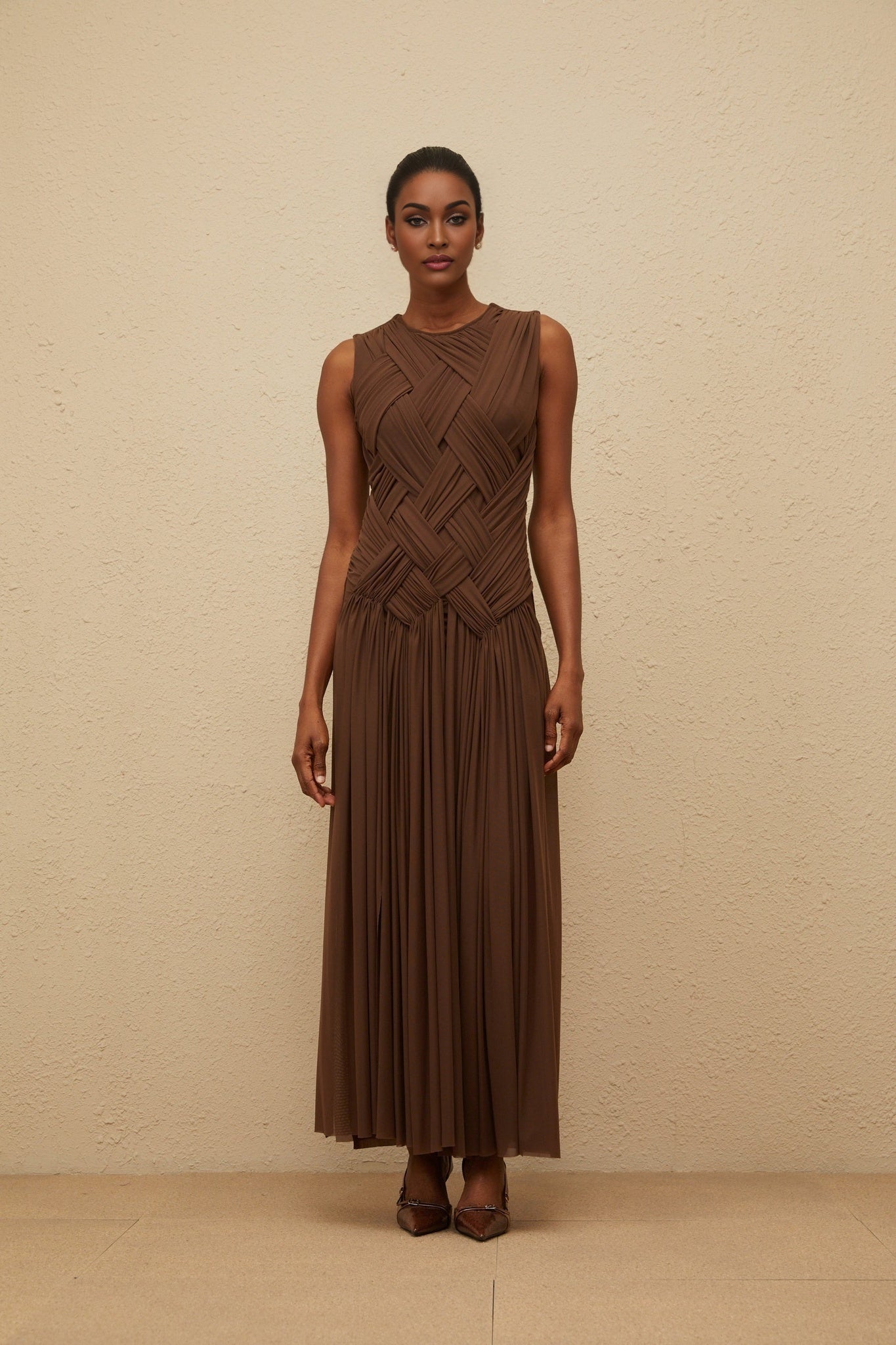 Brown Sleeveless Tulle Maxi Dress with Braid Detailing and Front Slit