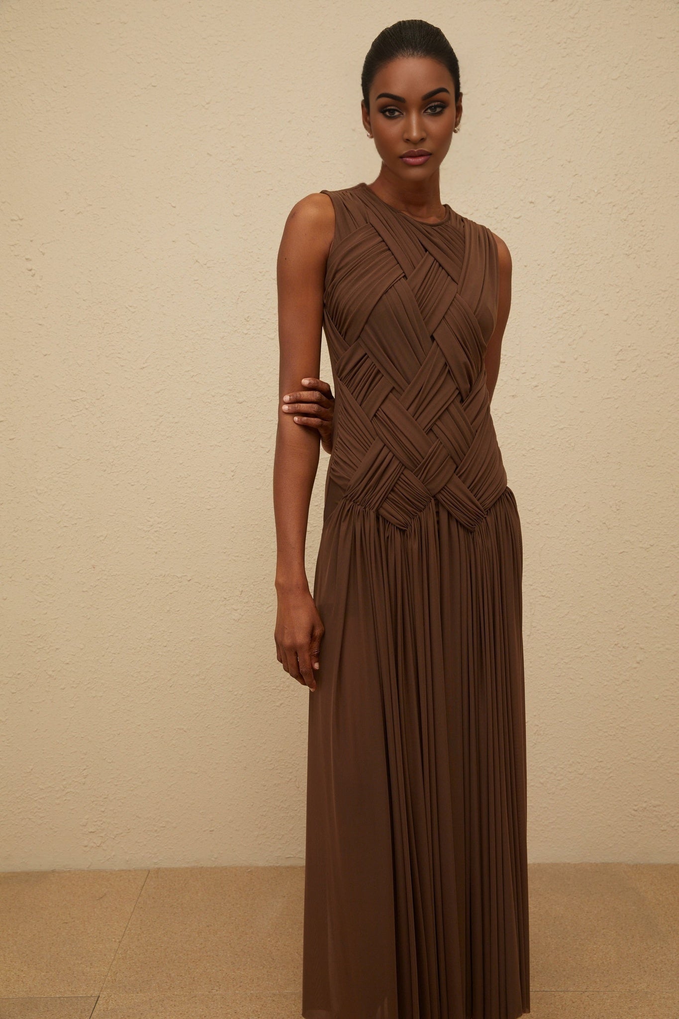 Brown sleeveless tulle maxi dress with braid detailing and front slit