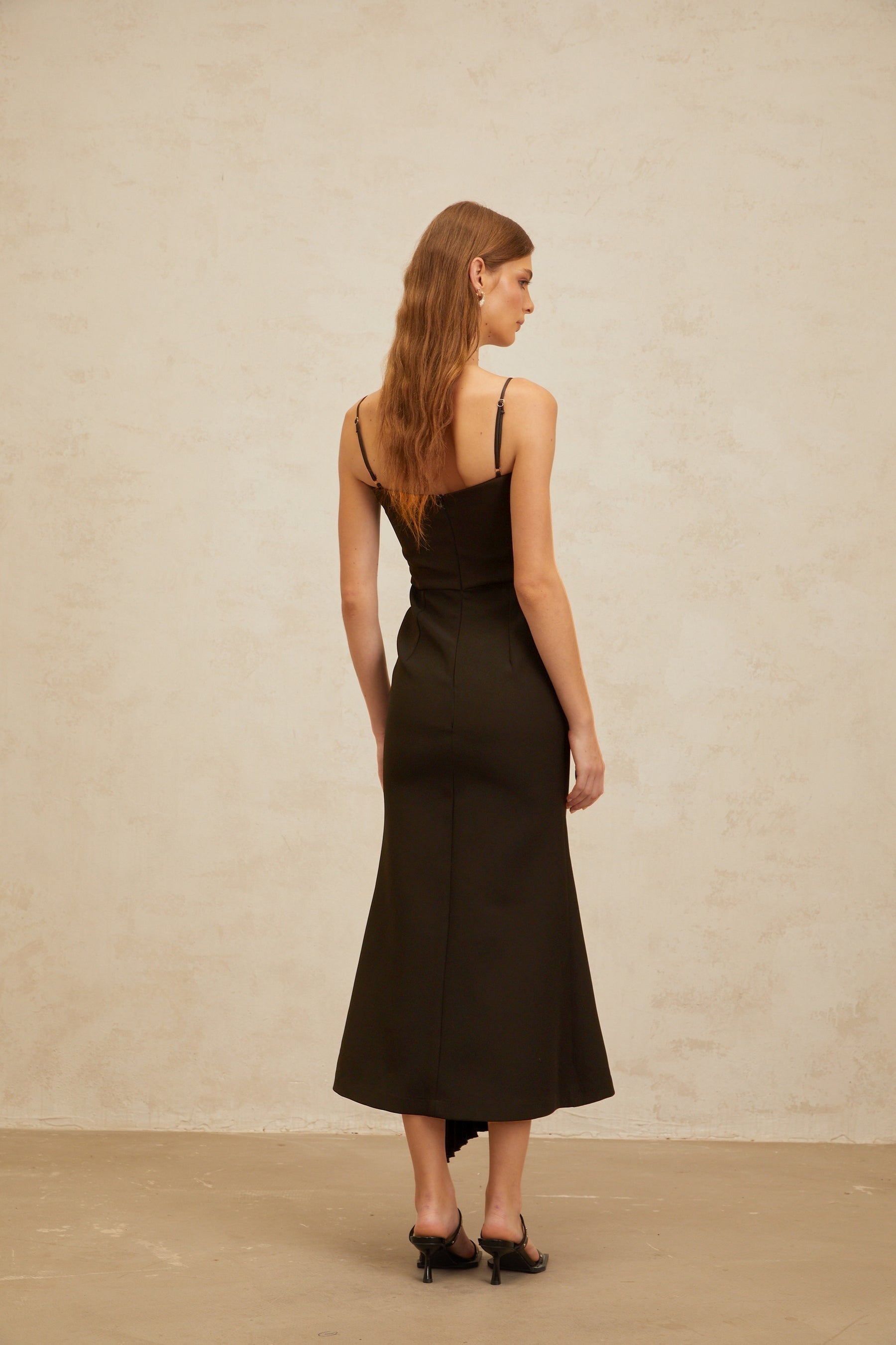 Brown Square Neck Sleeveless Midi Dress with Ribbon Design and Pleated Detailing