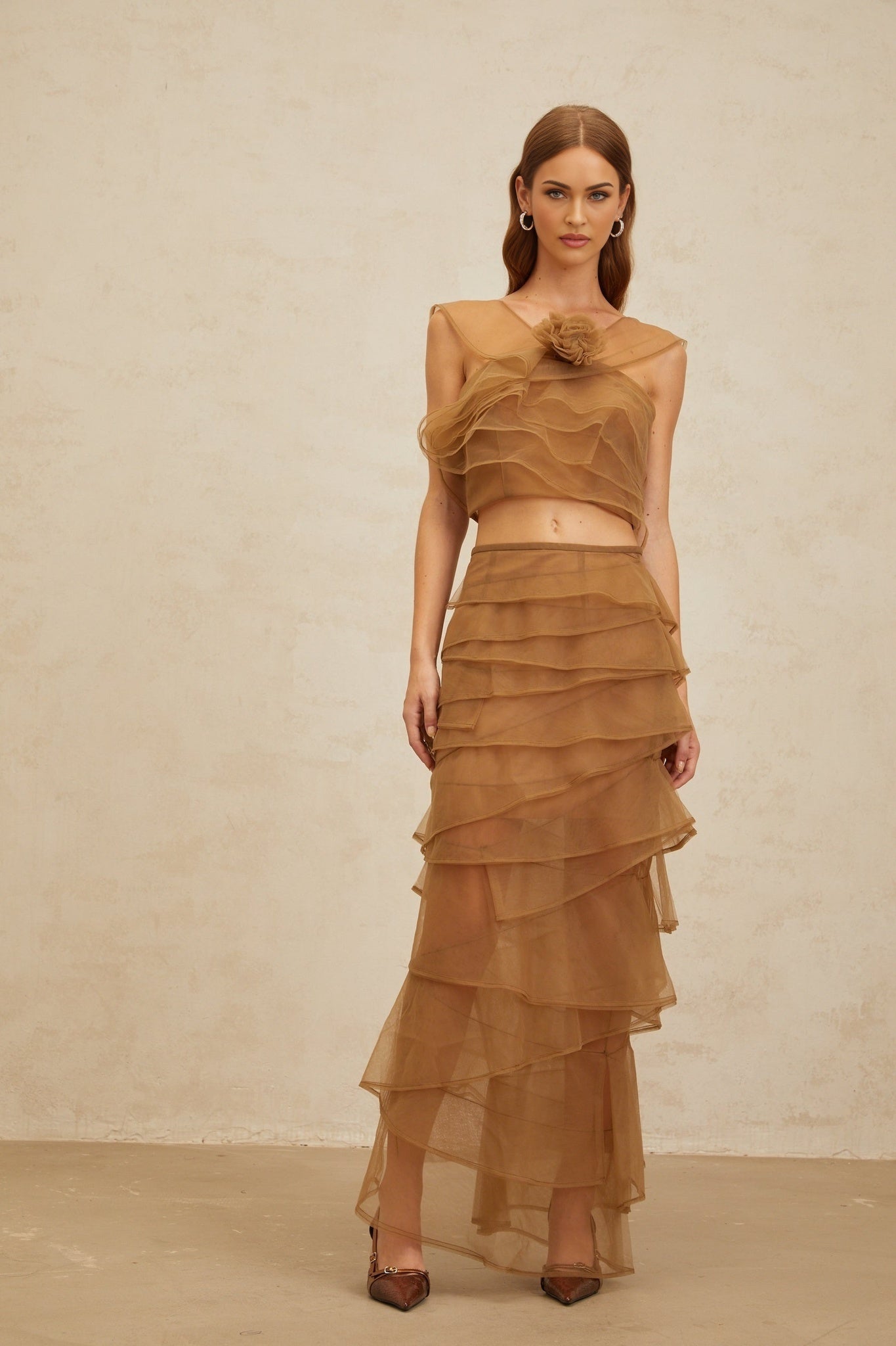 Brown Sleeveless Tulle Layered 3D-Petal Detail Cropped Top and Maxi Skirt Set