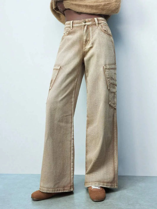 Brown Washed Effect Front Button Pockets Simple Women Casual Jeans Daily Wear