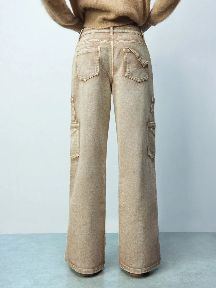 Brown Washed Effect Front Button Pockets Simple Women Casual Jeans Daily Wear