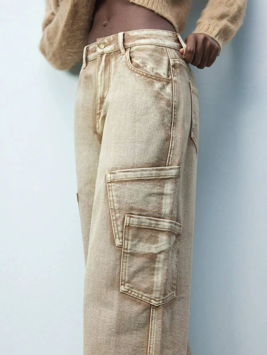 Brown Washed Effect Front Button Pockets Simple Women Casual Jeans Daily Wear
