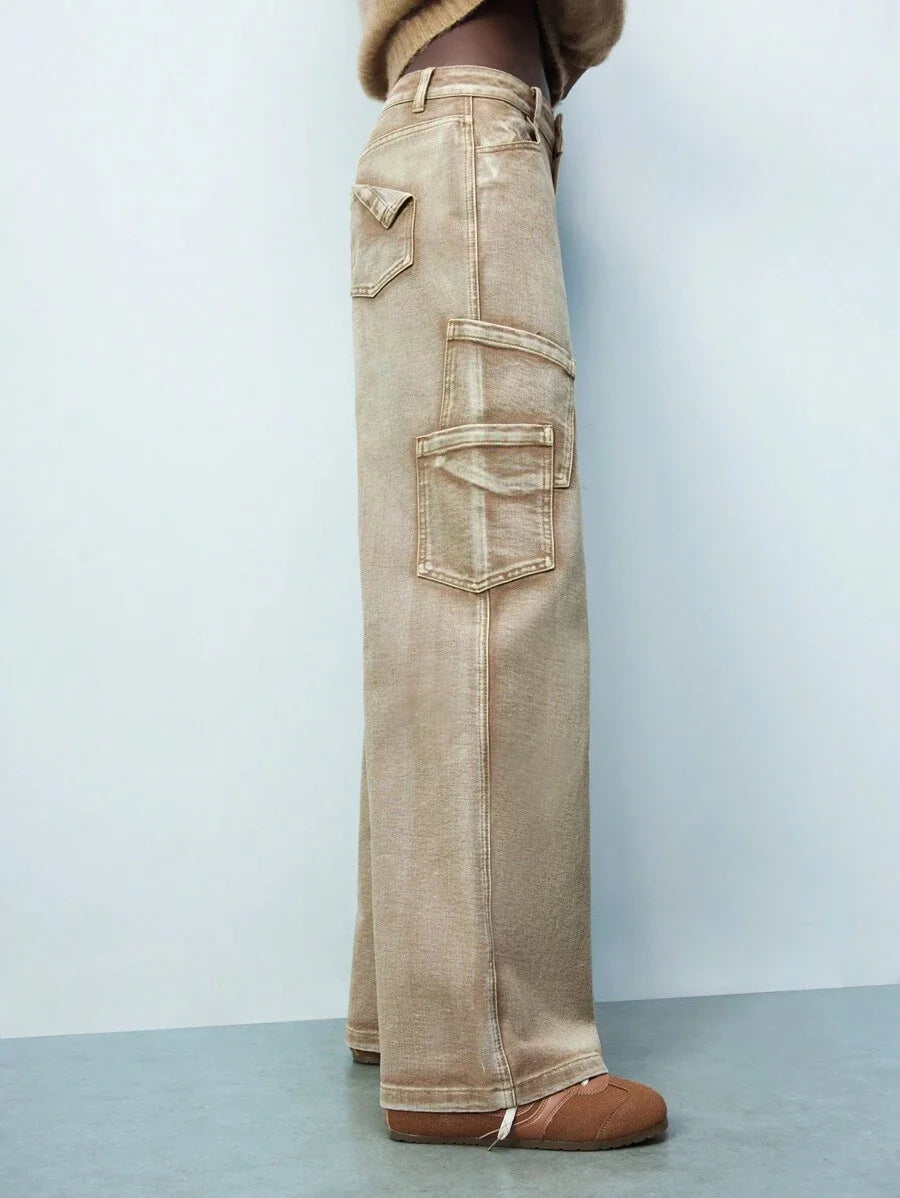 Brown Washed Effect Front Button Pockets Simple Women Casual Jeans Daily Wear