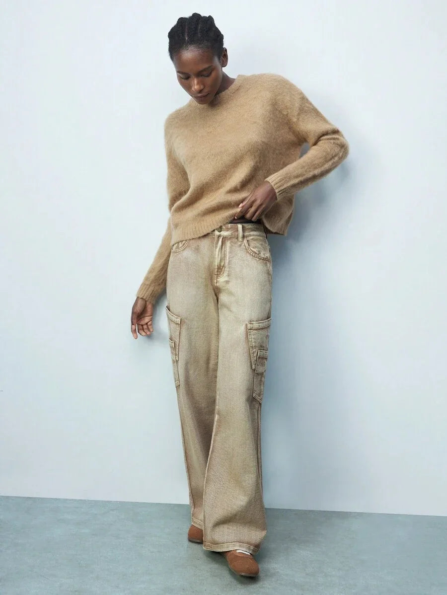 Brown Washed Effect Front Button Pockets Simple Women Casual Jeans Daily Wear