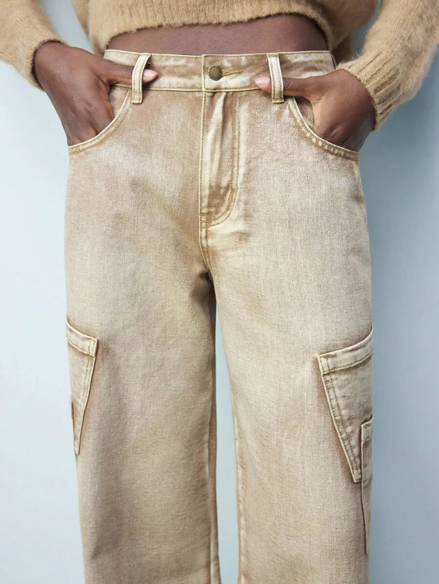 Brown Washed Effect Front Button Pockets Simple Women Casual Jeans Daily Wear