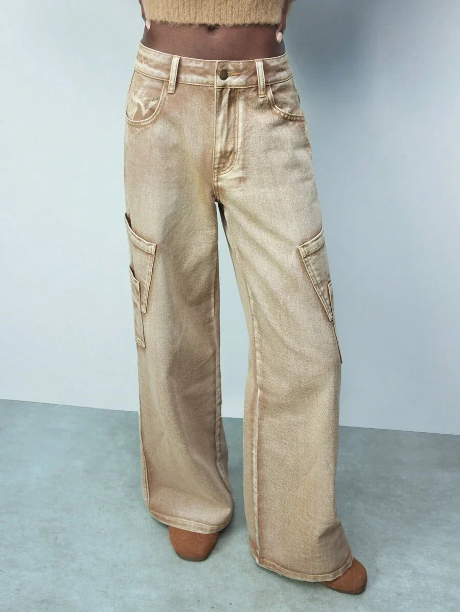 Brown Washed Effect Front Button Pockets Simple Women Casual Jeans Daily Wear
