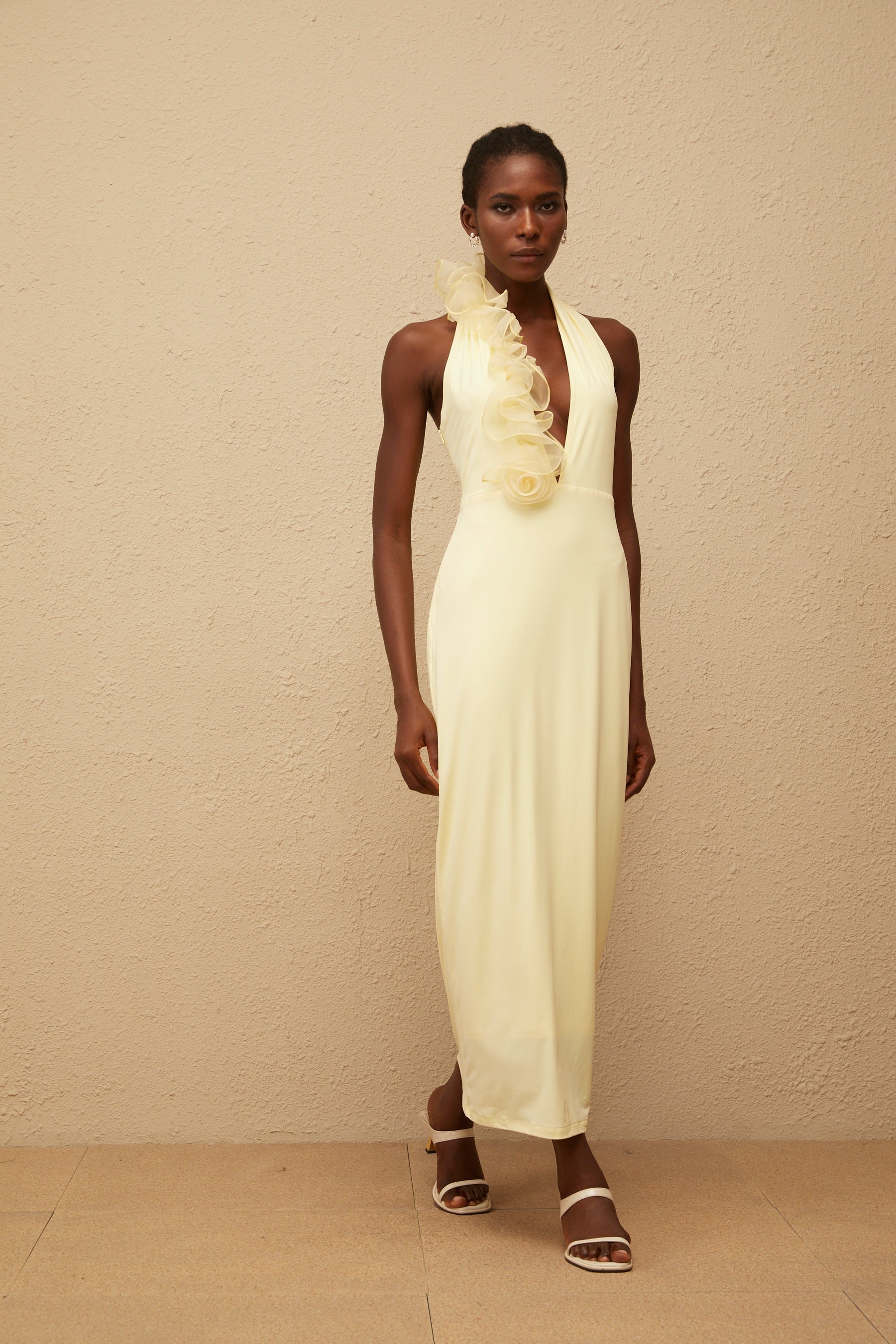 Brume Yellow Halterneck 3D Petal Maxi Dress