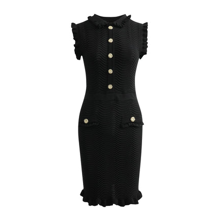 Bruna Black Bodycon Dress Textured Wave Pattern Ruffled Collar Sleeves