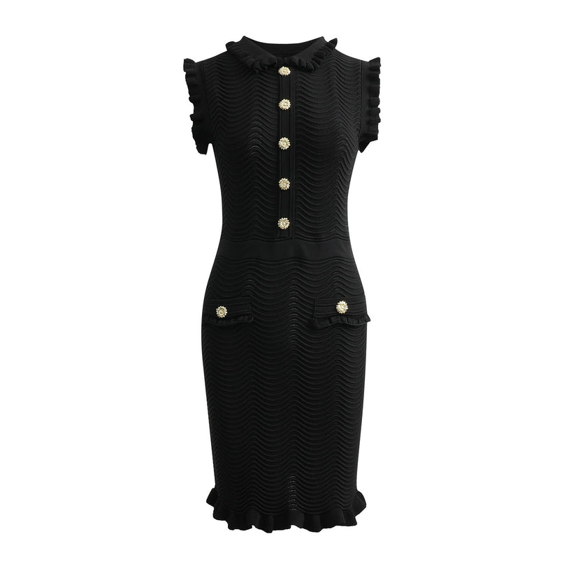 Bruna Black Bodycon Dress Textured Wave Pattern Ruffled Collar Sleeves