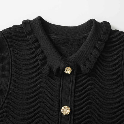 Bruna Black Bodycon Dress Textured Wave Pattern Ruffled Collar Sleeves