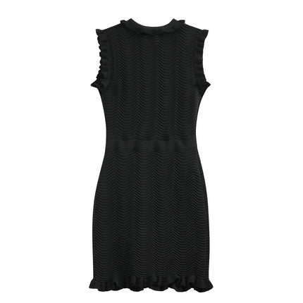Bruna Black Bodycon Dress Textured Wave Ruffled Collar Sleeves