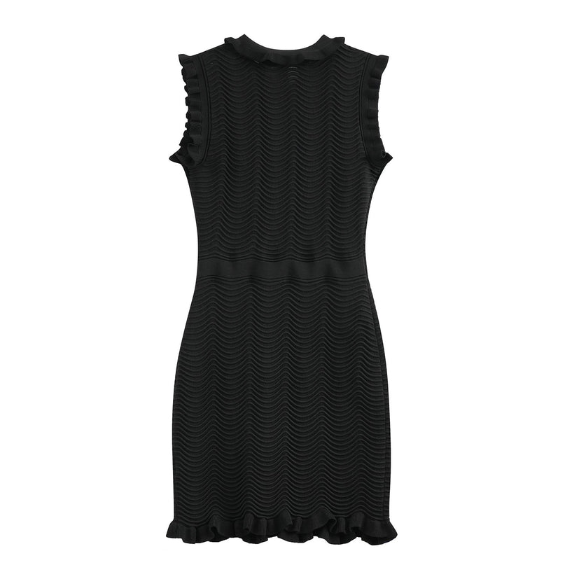 Bruna Black Bodycon Dress Textured Wave Ruffled Collar Sleeves
