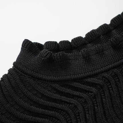 Bruna Black Bodycon Dress with Textured Wave Pattern Ruffled Collar and Sleeves