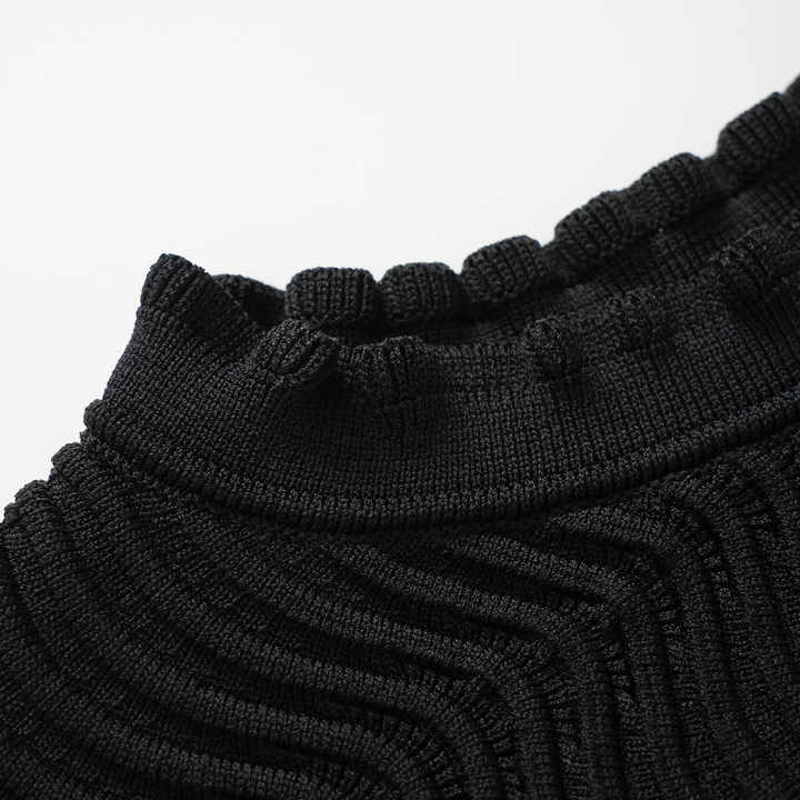 Bruna Black Bodycon Dress with Textured Wave Pattern Ruffled Collar and Sleeves