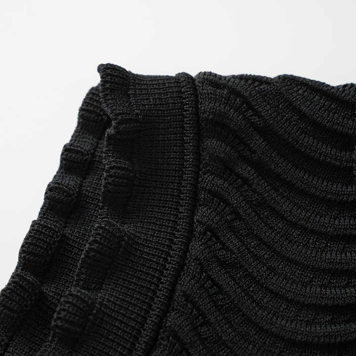 Bruna Black Bodycon Dress Textured Wave Pattern Ruffled Collar Sleeves