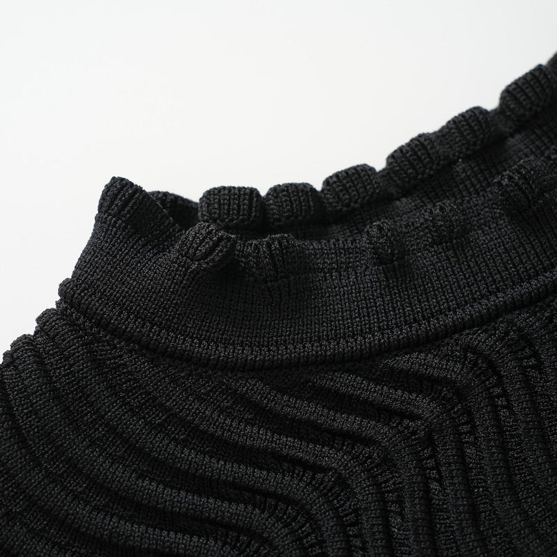Bruna Black Bodycon Dress with Textured Wave Pattern and Ruffled Collar