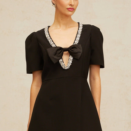 Bruna Black Crystal Bow Mini Dress V Neck Short Sleeves A-line Thigh Length Rear Zip Terylene Fiber