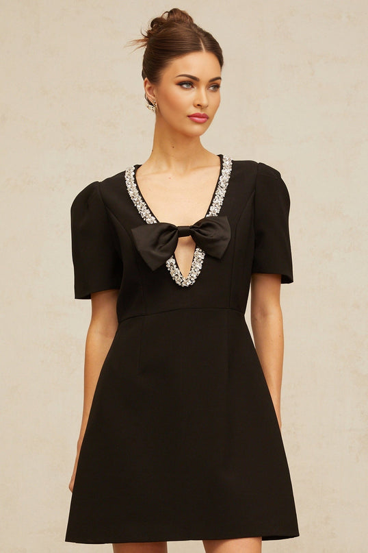 Bruna Black Crystal Bow Mini Dress V Neck Short Sleeves A-line Thigh Length Rear Zip Terylene Fiber