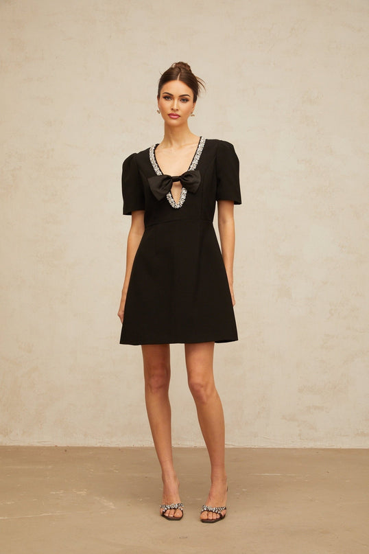 Bruna Black Crystal Bow Mini Dress V Neck Short Sleeve A-line Thigh Length