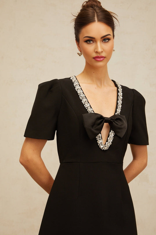 Bruna Black Crystal Bow Mini Dress V Neck Short Sleeve A-Line Thigh Length