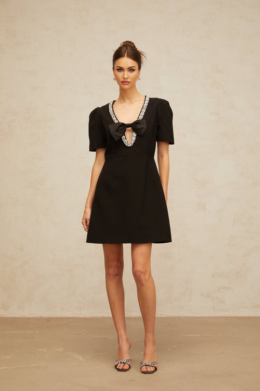 Bruna Black Crystal Bow Mini Dress V Neck Short Sleeve A-line Thigh Length