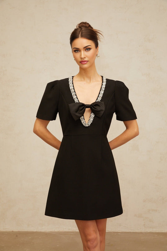 Bruna Black Crystal Bow Mini Dress V Neck Short Sleeves A-Line Thigh Length