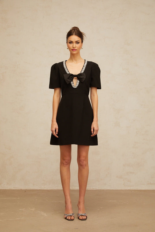 Bruna Black Crystal Bow Mini Dress V Neck Short Sleeves A-line Thigh Length