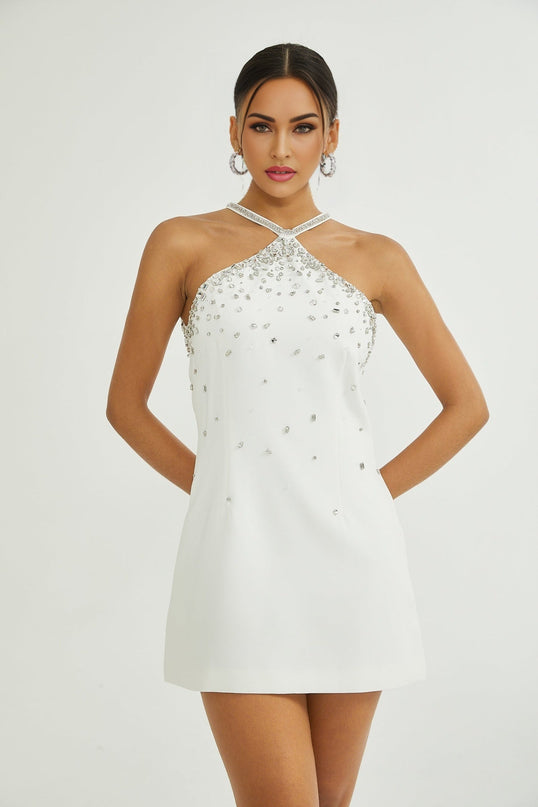 Bruna White Mini Dress Choker Embellishments Rear Zip 100 Percent Polyester