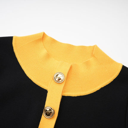 Brynn Black and Yellow Contrast Knitted Bodysuit Front Pockets Long Sleeves