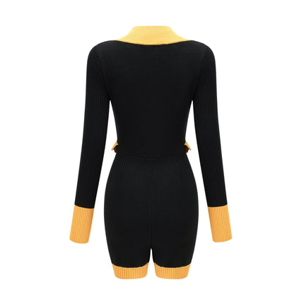 Brynn Black Yellow Contrast Knitted Bodysuit Front Pockets Long Sleeves Button Fastening