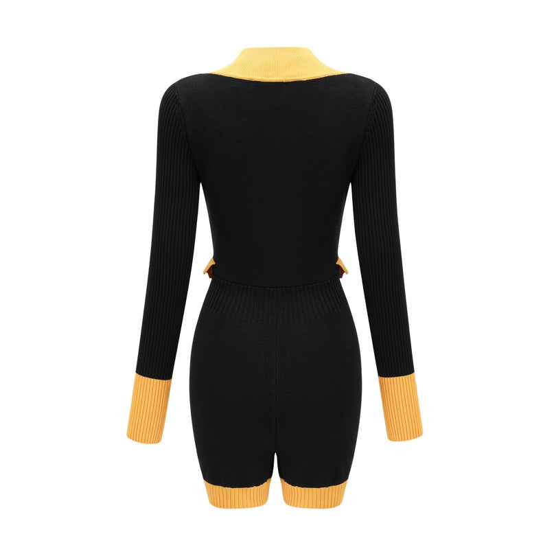 Brynn Black Yellow Contrast Knitted Bodysuit Front Pockets Long Sleeves Button Fastening
