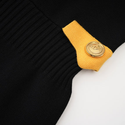 Brynn Black Yellow Contrast Knitted Bodysuit Front Pockets Long Sleeves Button Fastening Thigh Length