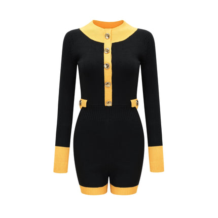 Brynn Knitted Bodysuit Black Yellow Contrast Front Pockets Long Sleeves Button Fastening Thigh Length